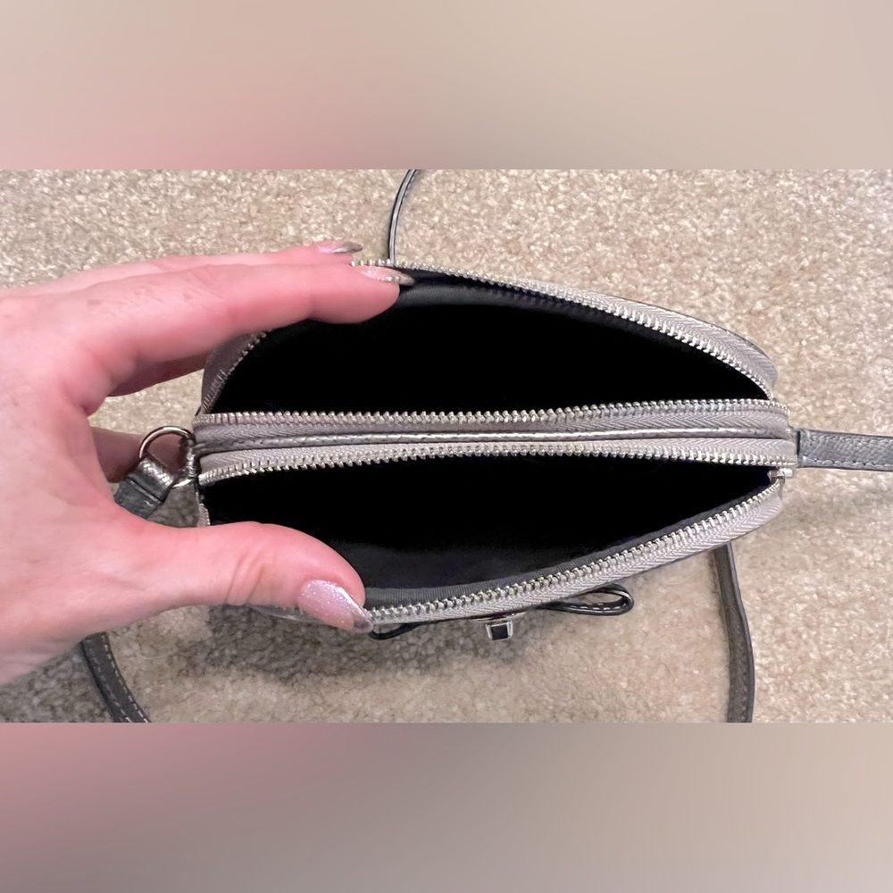 Coach Metallic Silver Leather Mini Crossbody Bag with Turnlock Bow Detail - Picture 10 of 12